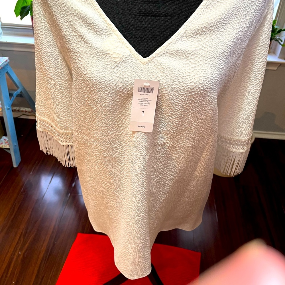 Chico’s Fringe Sleeve Shirt, New with tags, Antique White